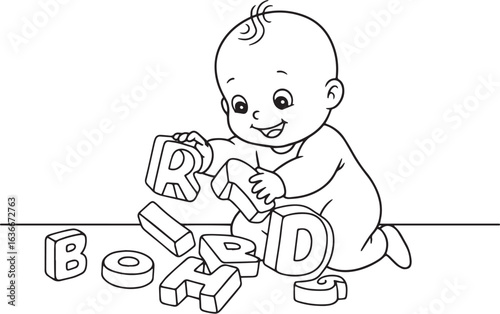 Illustration of a happy baby playing with alphabet blocks on whi
