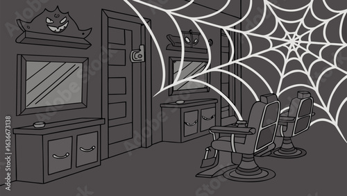 A spooky abandoned barber shop is decorated with cobwebs and a creepy ghost figure creating a haunted atmosphere perfect for halloween