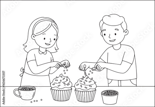 Kids having fun baking cupcakes with sprinkles coloring book pag