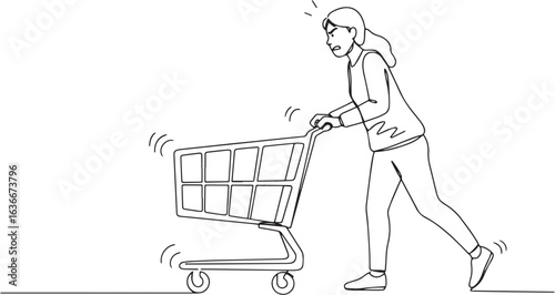 Frustrated shopper struggling with wobbly shopping cart continuo