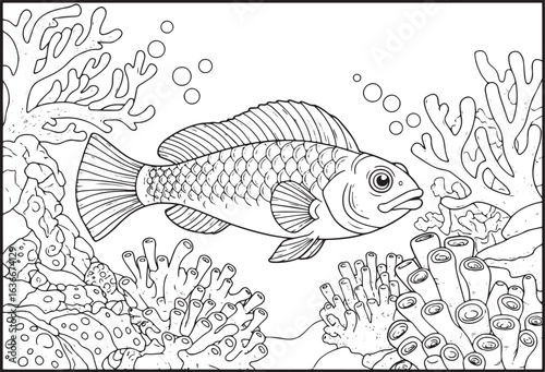 Black and white illustration of a fish swimming in the ocean wit