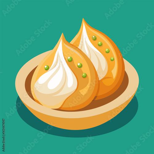 Two steamed dumplings with a light cream topping and green specks displayed on a light brown bowl. Asian food illustration for a restaurant menu or social media post.