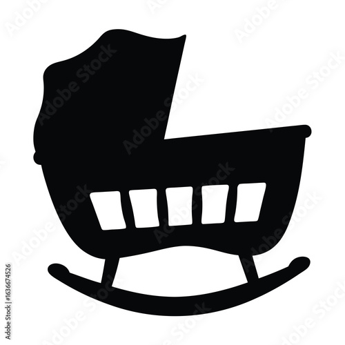 Black silhouette vector icon of a baby rocking cradle or bassinet, perfect for newborn care, nursery, and parenting designs, isolated on a white background.