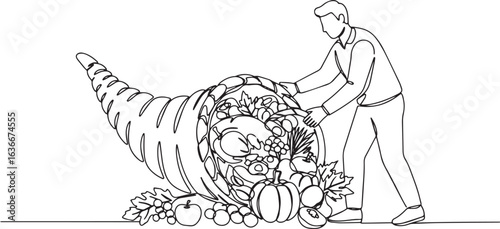 Continuous line drawing of cornucopia filled with harvest produc