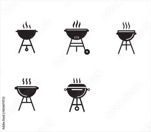 Collection of BBQ Grill Icons for Summer Cookouts and Outdoor Gatherings Black and White Vector Illustration Set