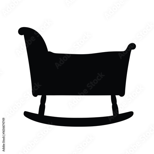 Black silhouette vector illustration of a traditional baby cradle or bassinet with rocking runners, ideal for newborn care, nursery, and childhood design projects.