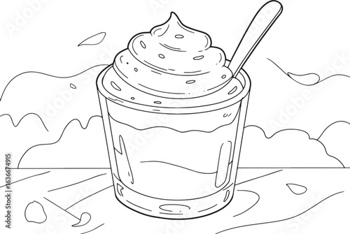 Delicious Chocolate Mousse Dessert in Glass with Spoon, Outlined