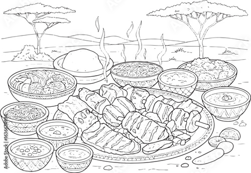 Detailed illustration of Kenyan Nyama Choma with various accompa