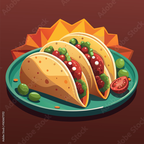 Two tacos. filled with meat and toppings. on a teal plate. resting on a dark surface. Delicious looking. ready to eat tacos on a plate. perfect for a restaurant menu or food advertisement.