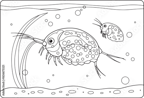 Two freshwater crustaceans swimming underwater outline drawing c