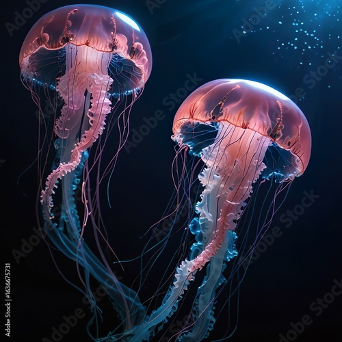 Closeup of two jellyfishes in the ocean
