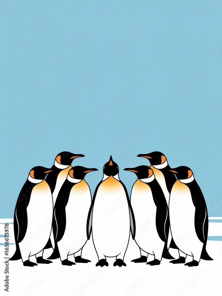 Obraz premium Seven Cartoon Penguins Standing on Ice 
