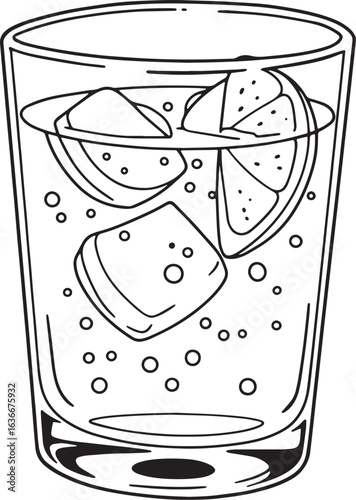 Black and white outline drawing of tonic water with ice and lemo