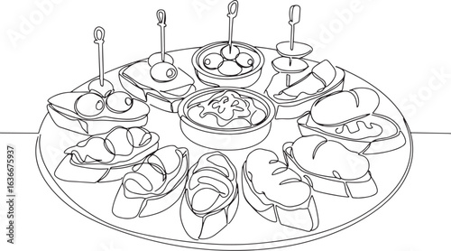 Elegant line drawing illustration of various tapas presented on