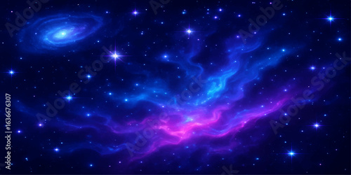 Abstract starry night sky with bright blue nebula in deep outer space