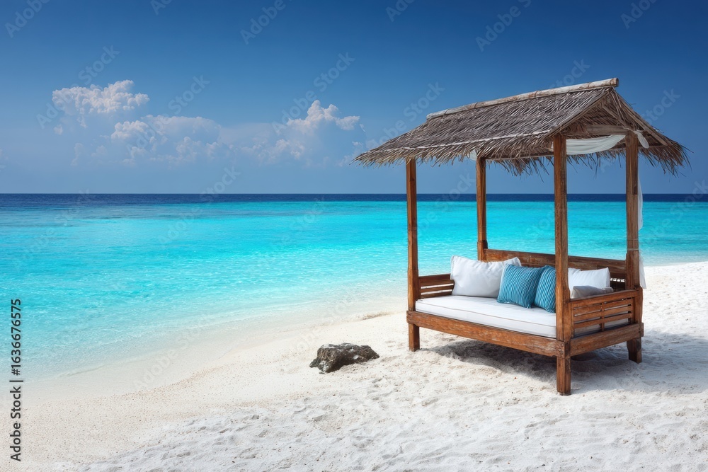A tranquil beach scene featuring a wooden cabana on white sand, overlooking clear turquoise waters under a bright blue sky. A tranquil beach scene featuring a wooden cabana on white sand, overlooking clear turquoise waters under a bright blue sky.