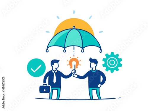 Cultivating psychological safety and trust collaborative coworkers under a glowing umbrella in a supportive environment
