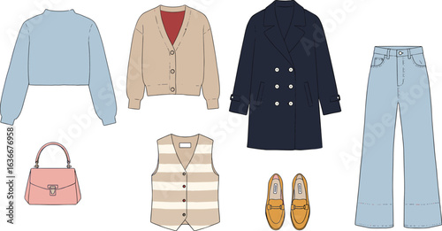 Cad drawing flat vector illustration, fashion outfit elements, clothing accessories, coat, jeans, sweater, handbag, shoes, vest, cardigan, stylish design