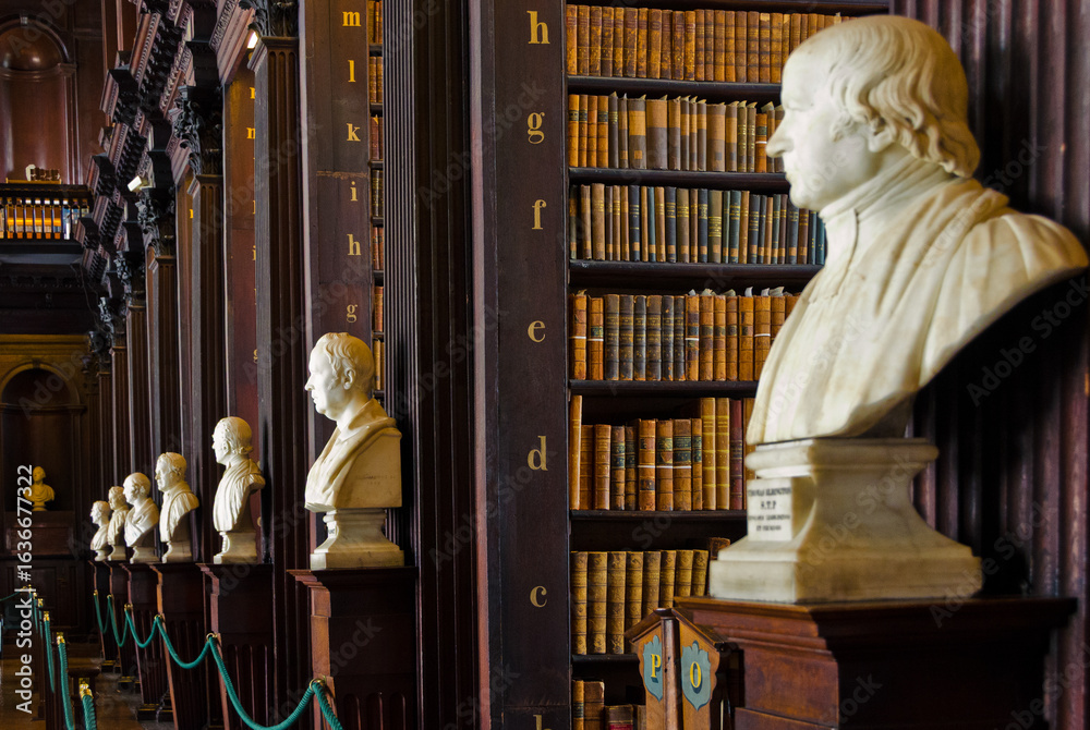 Fototapeta premium Historic Library Interior with Marble Busts and Bookshelves in Dublin