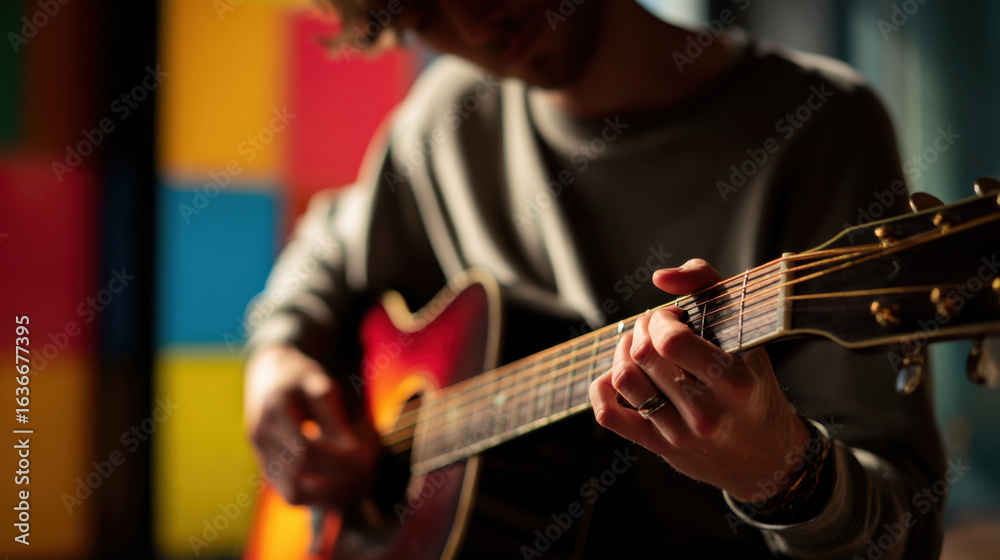Fototapeta premium Man playing acoustic guitar with focus on fingers and warm colorful background