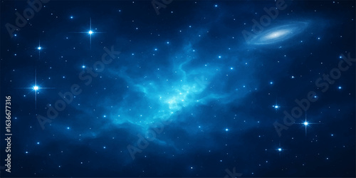 A dark blue abstract space background with bright stars, clouds, and a distant galaxy creating a fantastical universe illustration