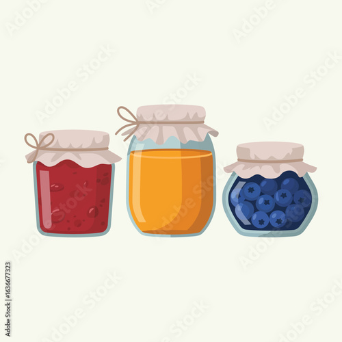 Three jars of sweet preserves jam honey and blueberries