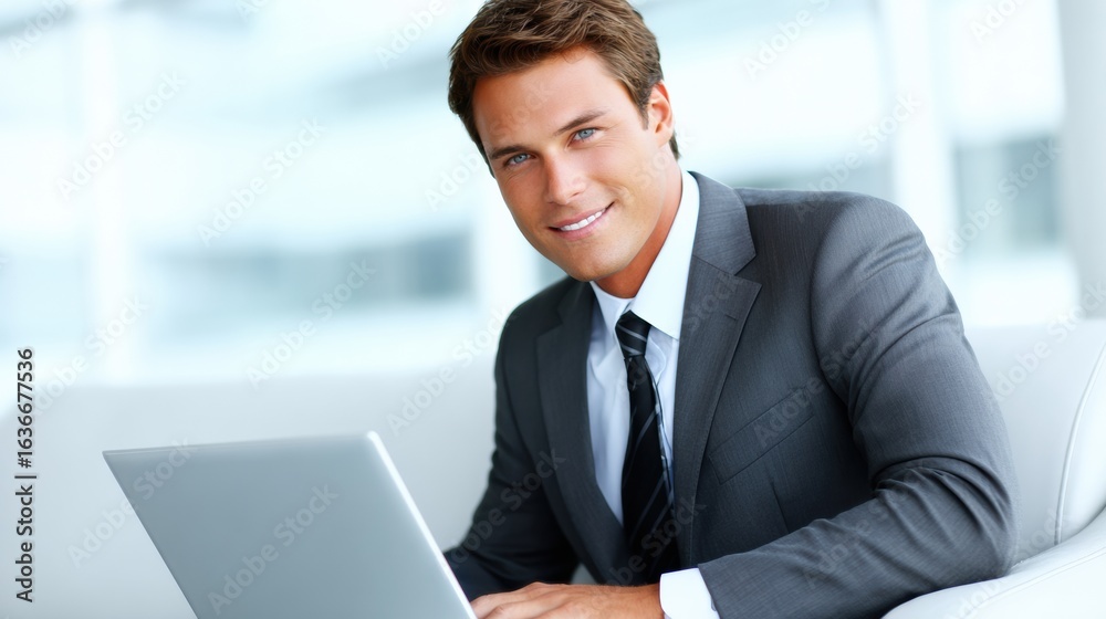 A confident young man in a suit smiles while working on a laptop, portraying professionalism in a modern office setting. A confident young man in a suit smiles while working on a laptop, portraying professionalism in a modern office setting.