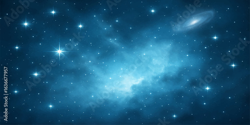 An abstract blue space background with a starry nebula and glowing light