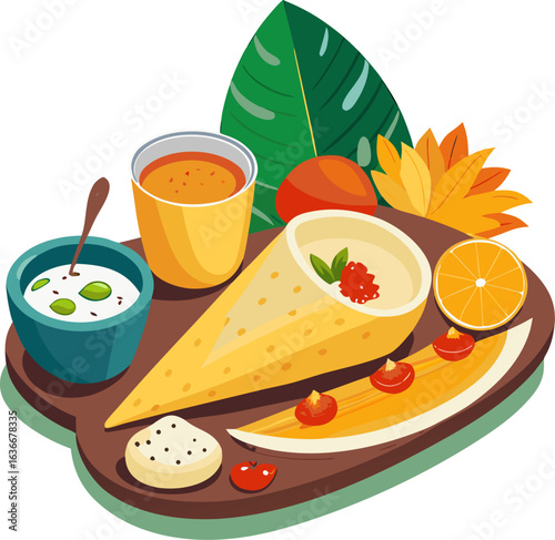 South Indian breakfast Masala dosa served with Coconut chutney and Sambar stock illustration