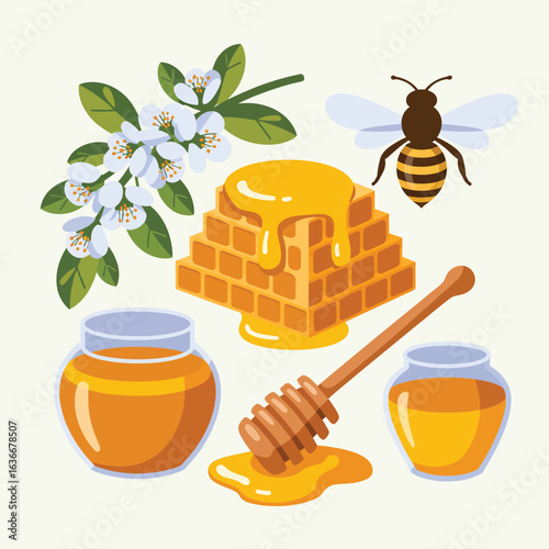 Sweet honey products and a bee with blossoms