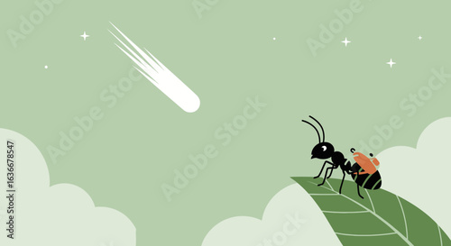 Ant on a leaf watching a shooting star in the night sky whimsical illustration
