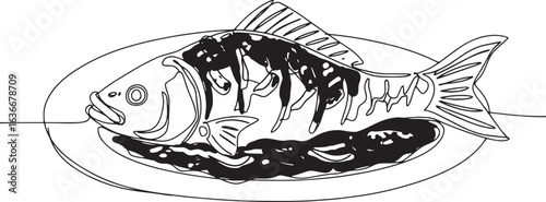 Delicious cooked fish illustration with sweet and sour sauce in
