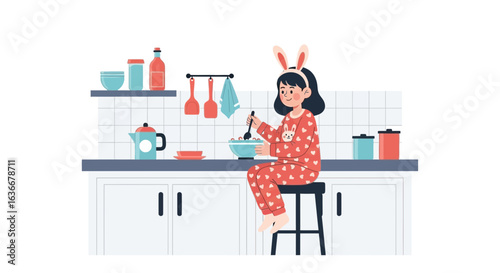 A cartoon girl with bunny ears is stirring a bowl in a cozy kitchen setting