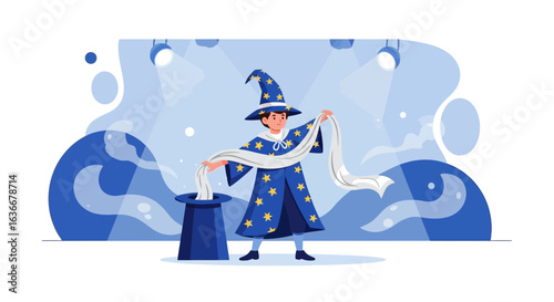 A captivating illustration of a magician performing a classic magic trick with a hat and scarf