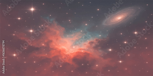 A dark galaxy night sky shimmers with bright stars, colorful nebula, and planets in a vast, abstract cosmos