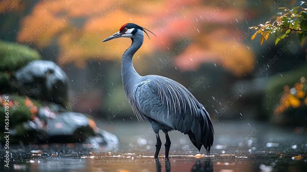 Naklejka premium Poised crane standing on one leg in a tranquil Japanese garden pond