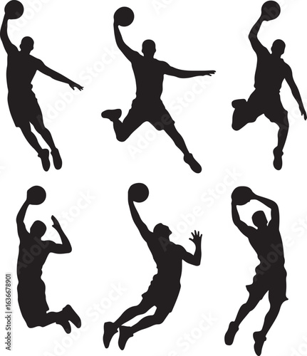 Different Black Silhouette Slam Dunk Poses on White Background