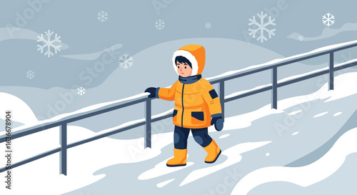 A cheerful little boy enjoying a snowy day walking along a railing with snowflakes falling creating a serene winter scene