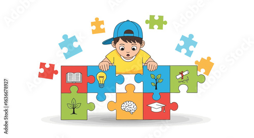A child building knowledge with puzzle pieces representing education and growth a visual metaphor for learning and development in a playful way