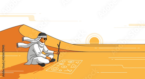 A contemplative moment in the desert: man drawing shapes in the sand under the sun