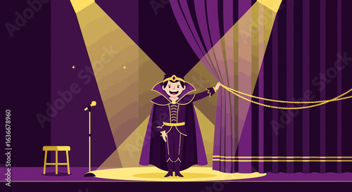 A Colorful Stage Performance Of A Magician With Stage Curtains And Spotlights