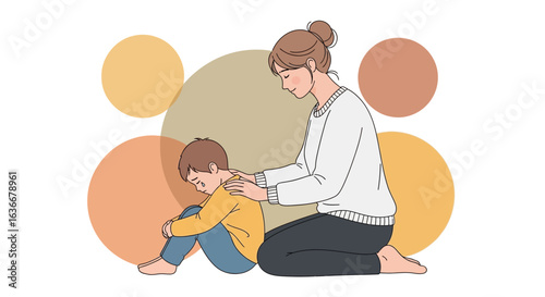 A comforting illustration of a mother consoling her sad child with empathy and care in a stylized graphic