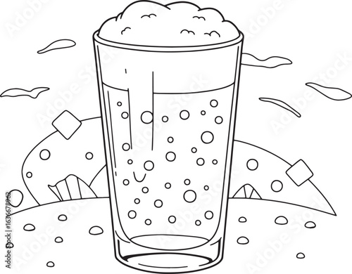 Whimsical malt drink illustration featuring foam and abstract ba