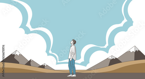 A contemplative journey of a man gazing at the sky amidst majestic mountains under serene clouds