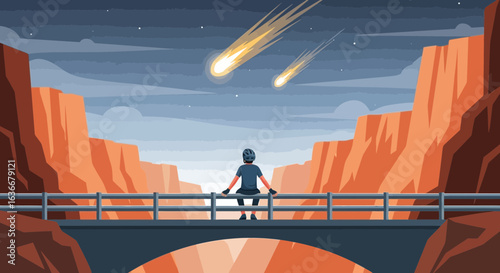 A cyclist sits on a bridge amidst towering cliffs contemplating meteor showers watching the night sky