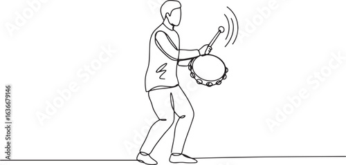 Minimalist continuous line drawing of a man playing tambourine c