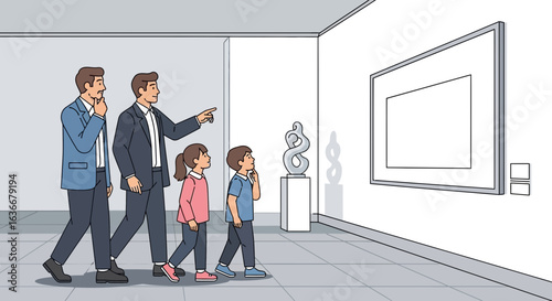 A family visiting an art gallery to appreciate art and have an educational outing together in the museum
