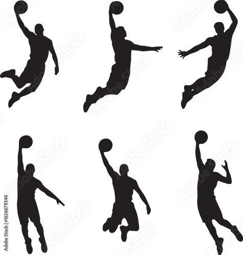 Different Black Silhouette Slam Dunk Poses on White Background
