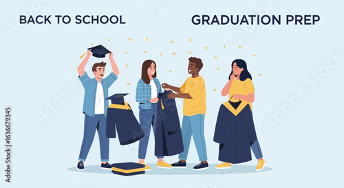 A group of students preparing for back to school and graduation ceremony with excitement and anticipation in a light vector illustration