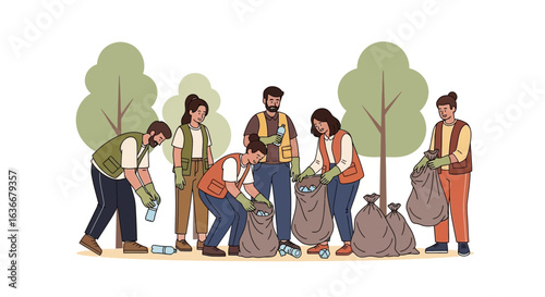 A group of volunteers cleans up trash in a park demonstrating environmental stewardship